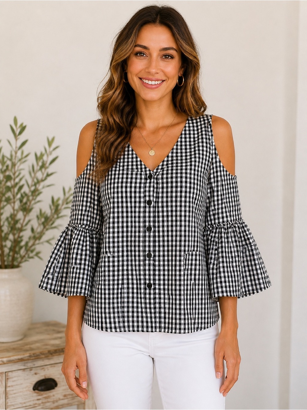 Boston Proper Black White Gingham Cold Shoulder Bell Sleeve Top M